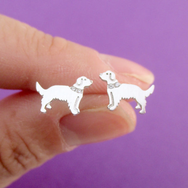 Golden Retriever Shaped Stud Earrings with Rhinestones in Silver DOTOLY