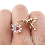 3D Hummingbird and Flower Shaped Wrap Adjustable Ring in Rose Gold