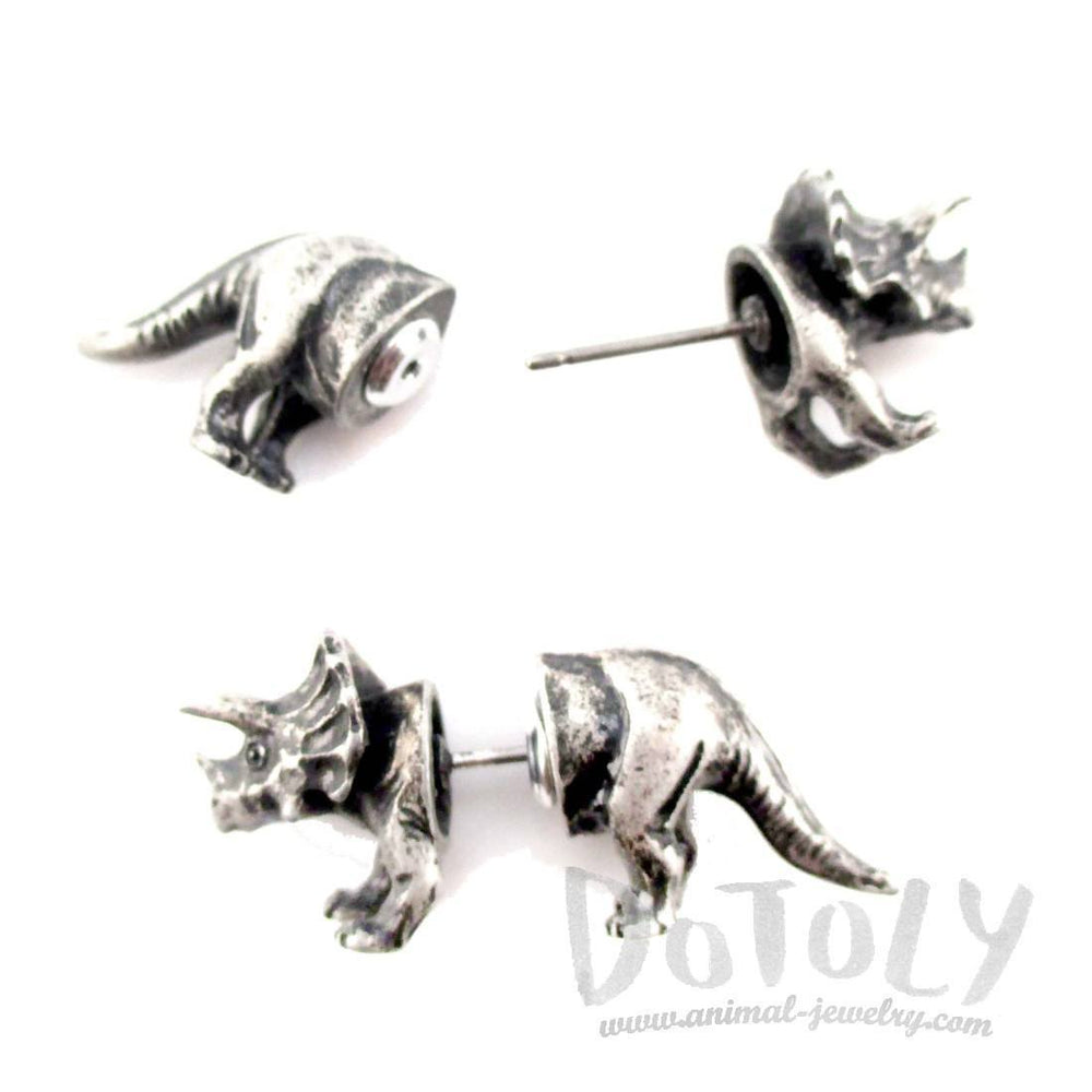 3D Triceratops Dinosaur Shaped Front and Back Stud Earrings in Silver