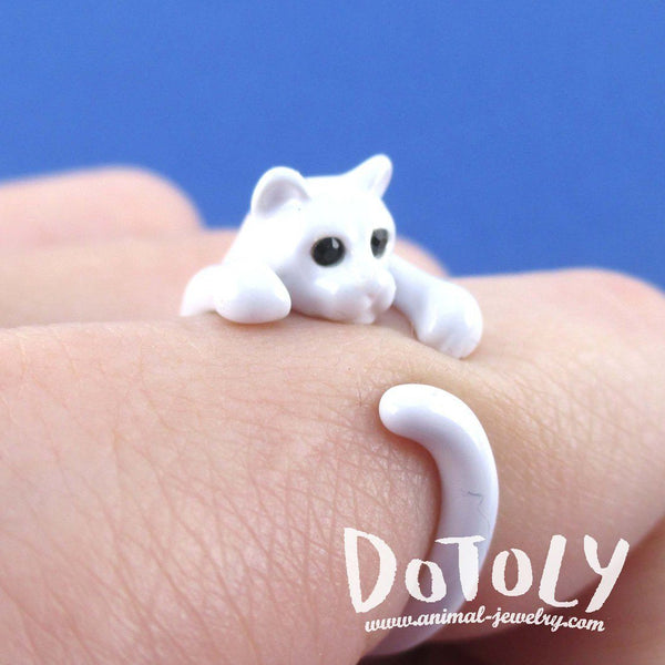 3D White Kitty Cat Wrapped Around Your Finger Shaped Animal Ring – DOTOLY