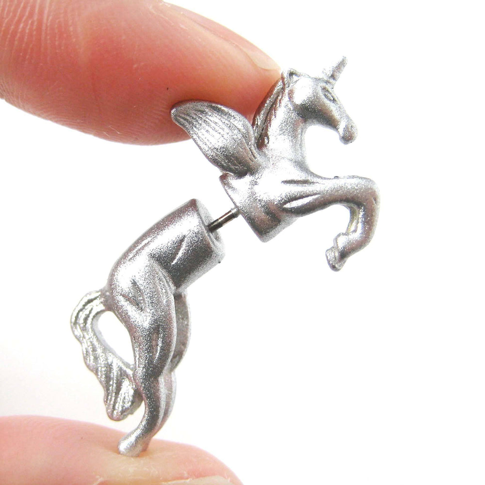 Fake Gauge Earrings: Mythical Unicorn Horse Animal Faux Plug Stud Earrings in Glittery Silver | DOTOLY