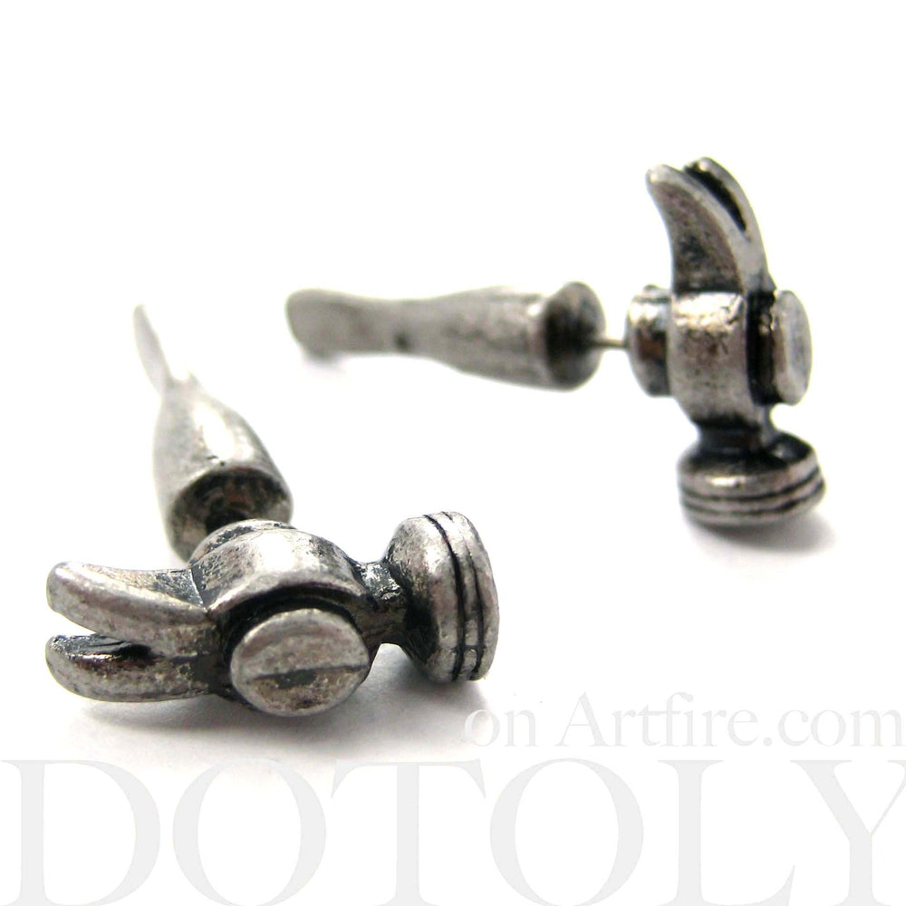 Fake Gauge Earrings: Realistic Hammer Shaped Faux Plug Stud Earrings in Silver | DOTOLY