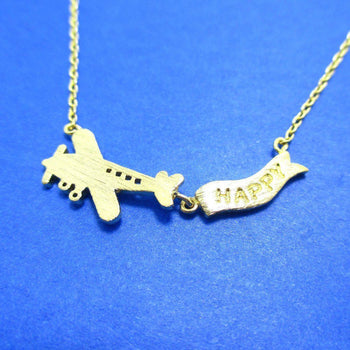 Airplane With Happy Banner Shaped Motivational Charm Necklace in Gold | DOTOLY | DOTOLY