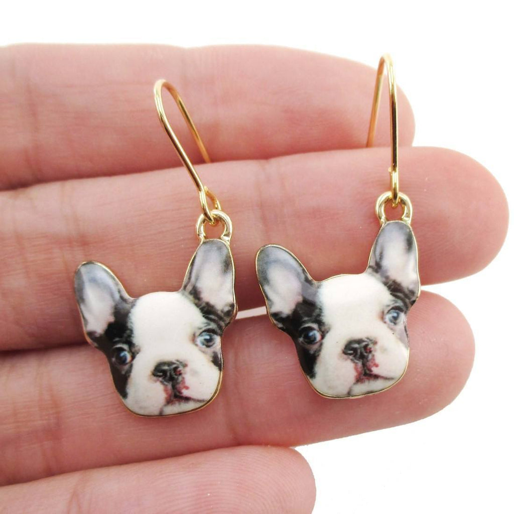 Black and White French Bulldog Puppy Shaped Dangle Drop Earrings DOTOLY