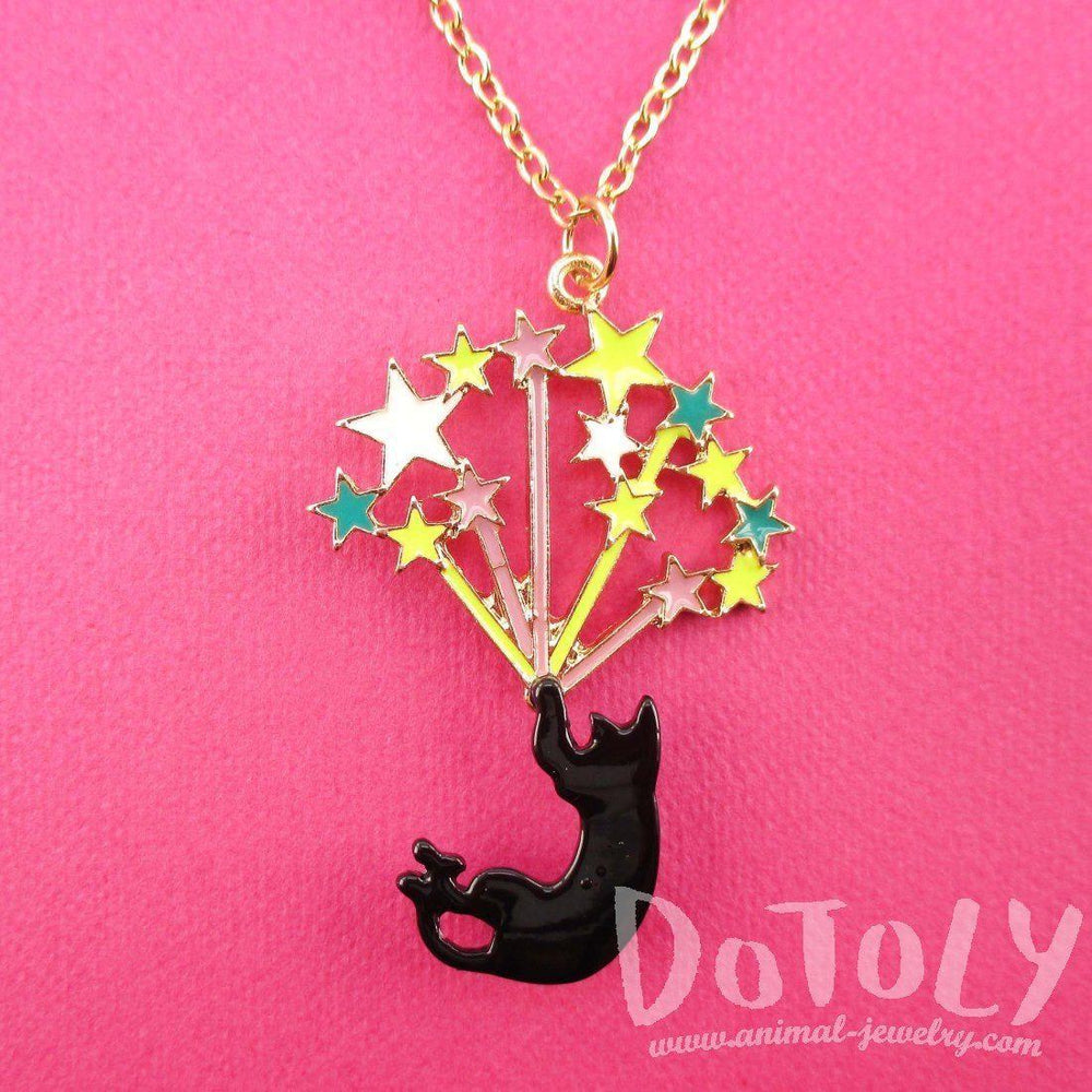 Black Kitty Cat Falling Stars Pendant Necklace | DOTOLY