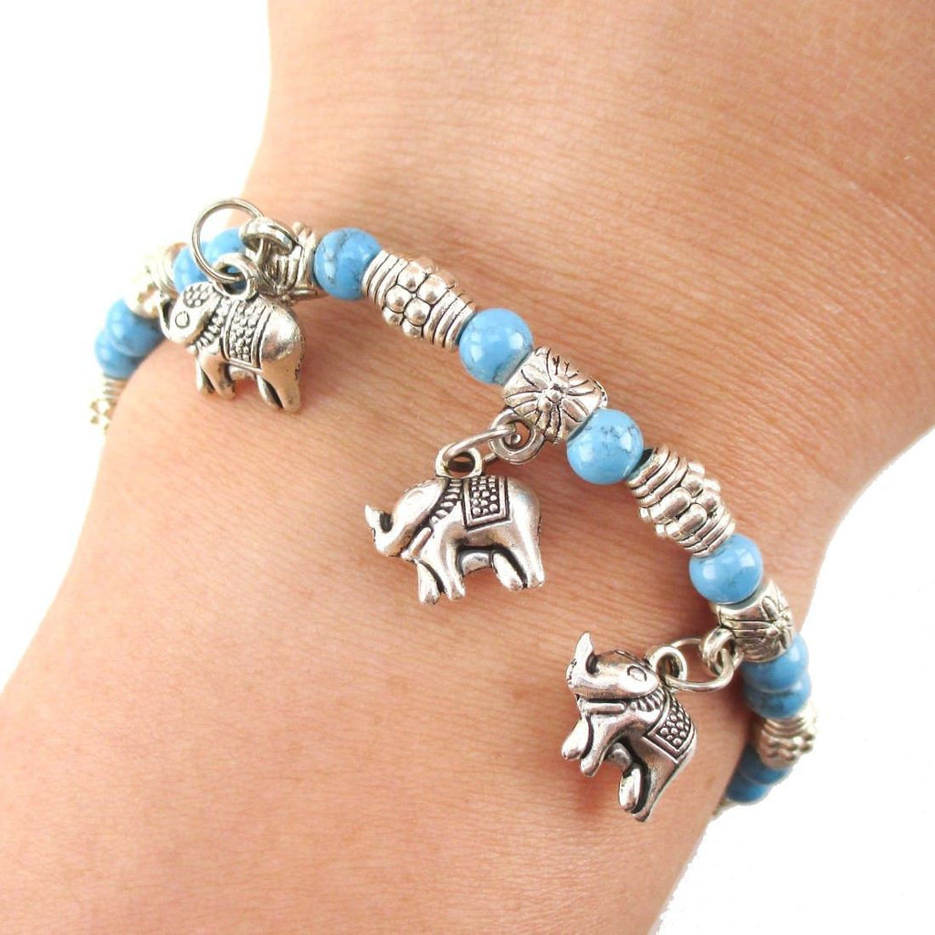 Blue Beaded Elephant Charm Bracelet in Silver | Animal Jewelry