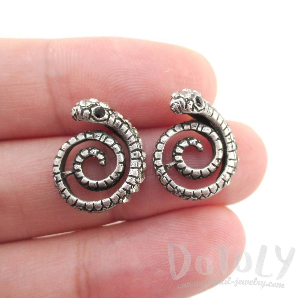 Coiled Snake Shaped Stud Earrings in Silver with Rhinestones | DOTOLY