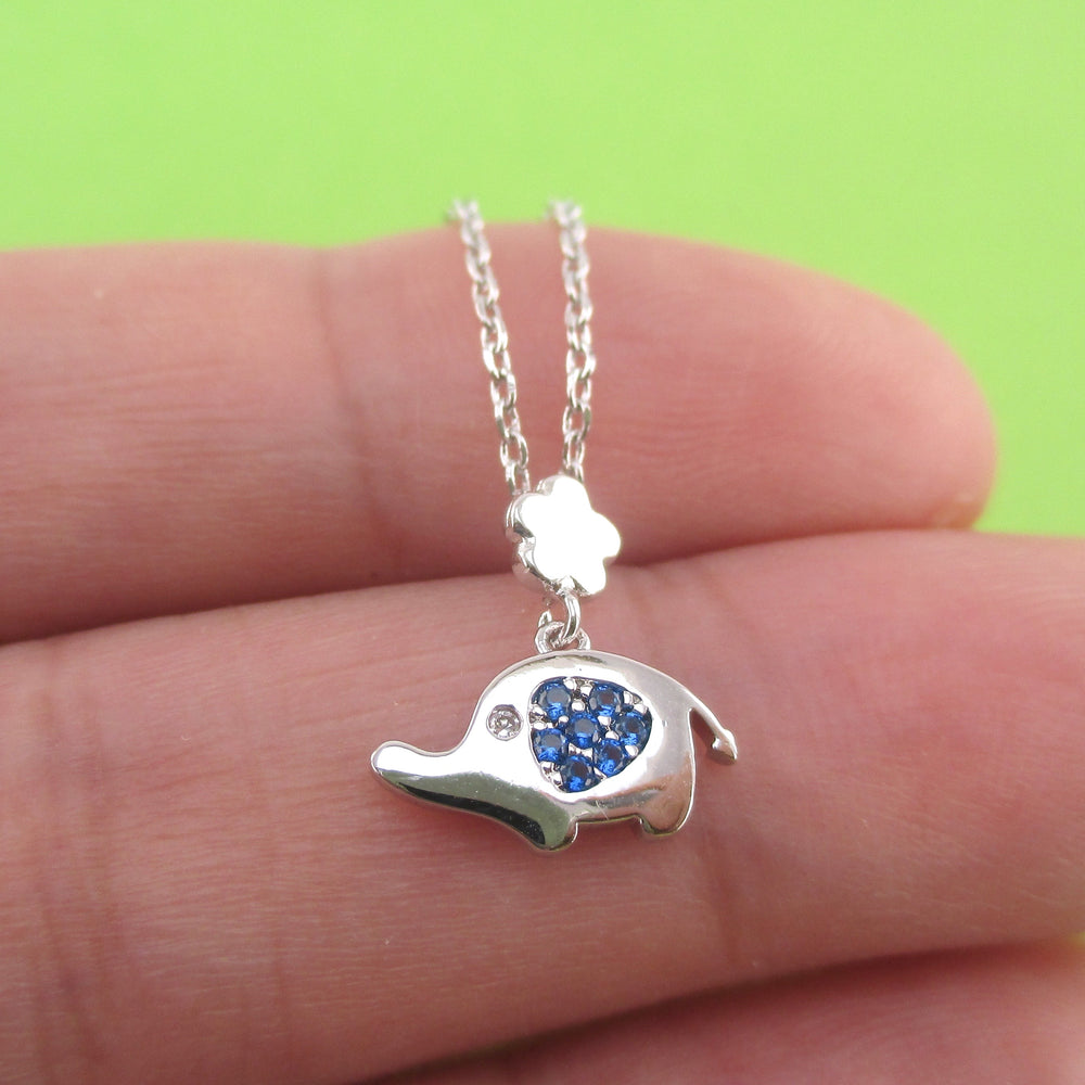 Dainty Little Elephant Shaped Blue Rhinestone Charm Necklace in Silver