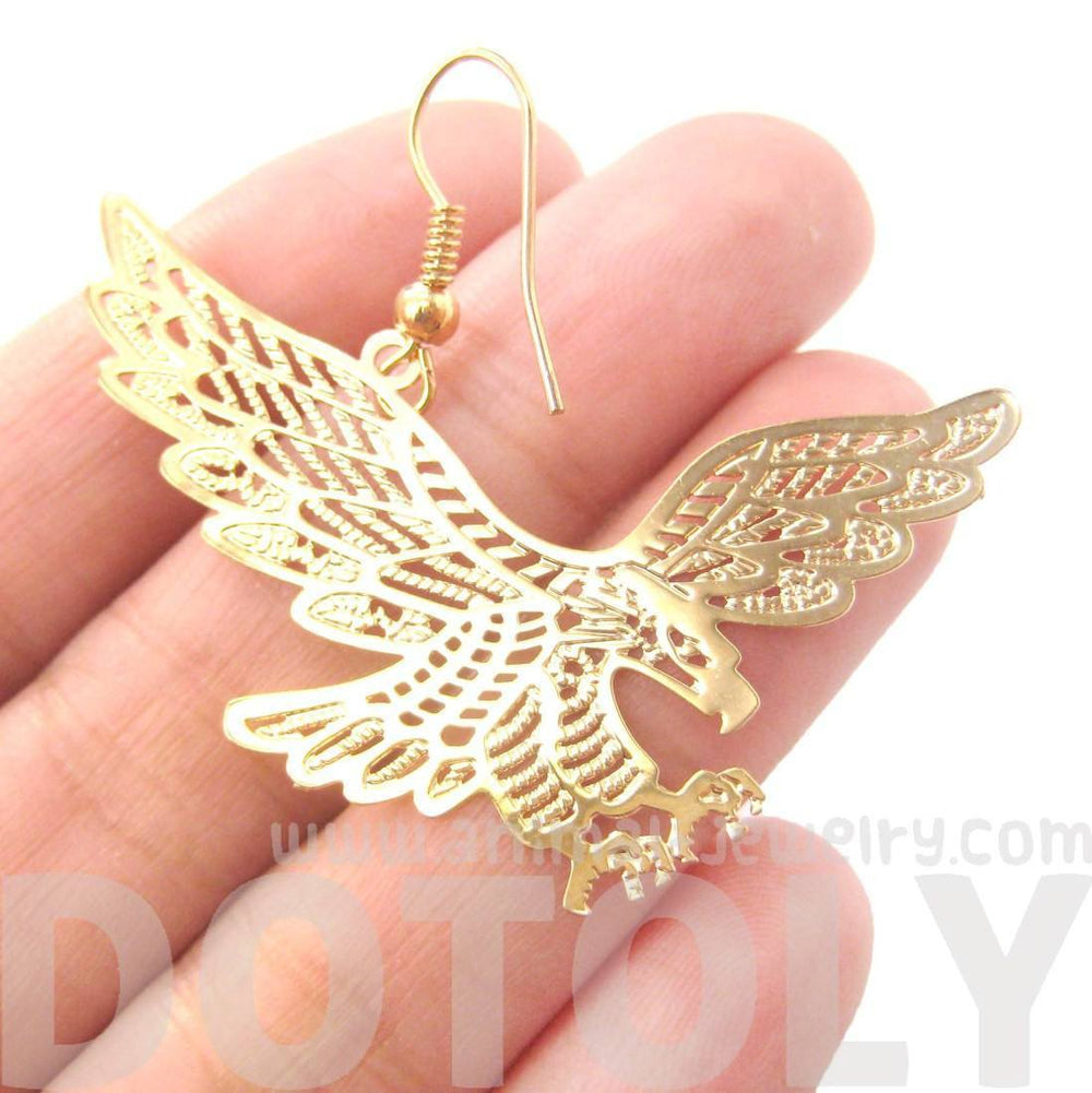 Detailed Eagle Hawk Bird Shaped Dangle Earrings in Gold | DOTOLY