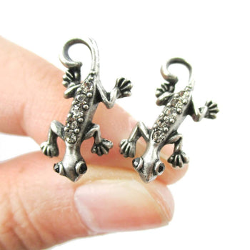 Detailed Gecko Lizard Shaped Stud Earrings in Silver with Rhinestones