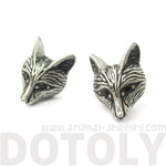 Detailed Wolf Fox Face Shaped Stud Earrings in Silver with Rhinestones