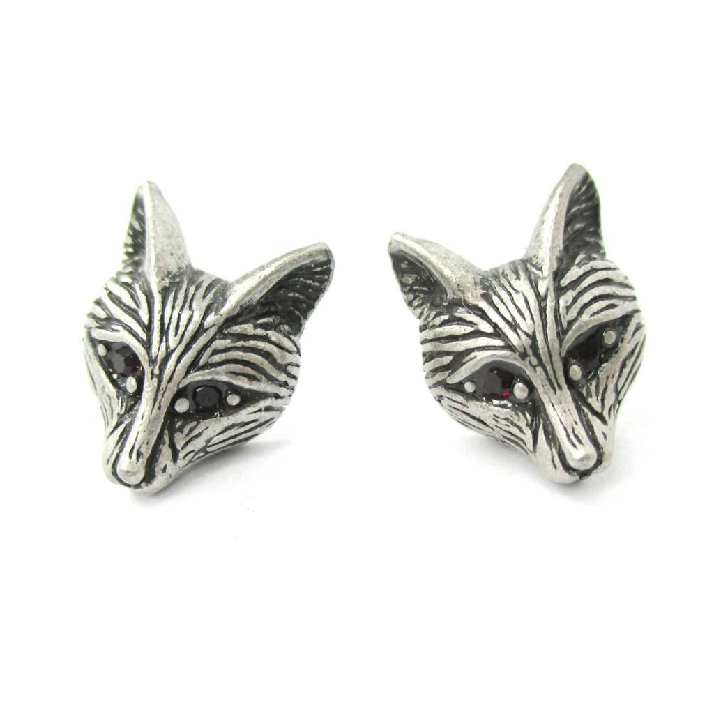 Detailed Wolf Fox Face Shaped Stud Earrings in Silver with Rhinestones –  DOTOLY