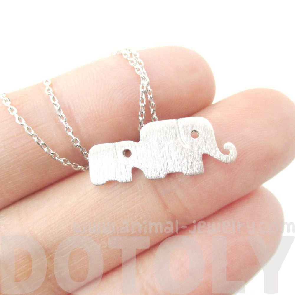 Elephant Family Animal Shaped Silhouette Pendant Necklace in Silver