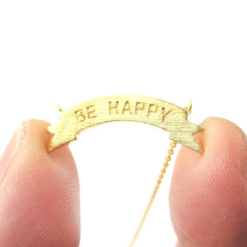 Engraved Be Happy Mini Banner Bar Motivational Charm Necklace in Gold