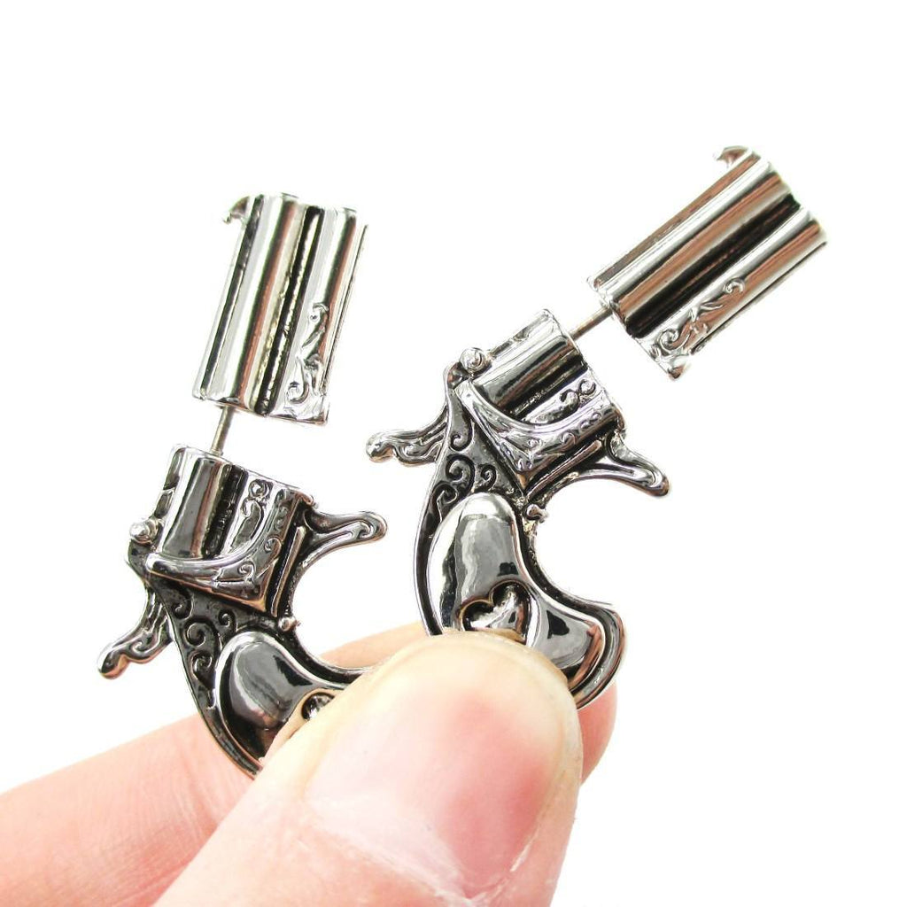 Silver titanium double shooter hand orders gun heart stud punk earrings new