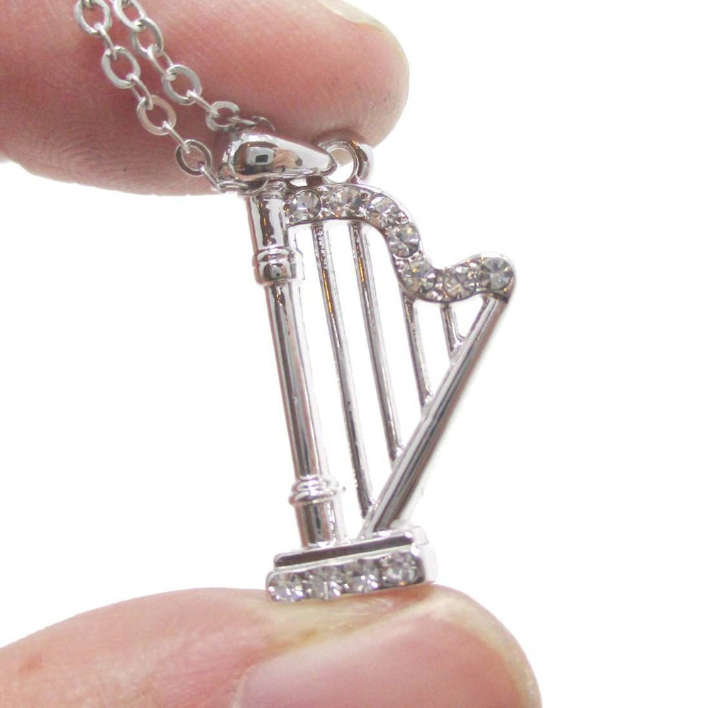 Harp Instrument Shaped Rhinestone Pendant Necklace in Silver | For Music Lovers | DOTOLY