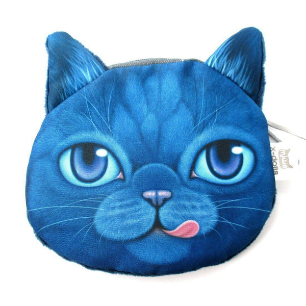 Hungry Kitty Cat Face Shaped Dark Blue Soft Fabric Zipper Coin Purse ...