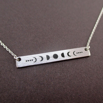 Lunar Moon Phases Minimal Rectangular Pendant Necklace in Silver