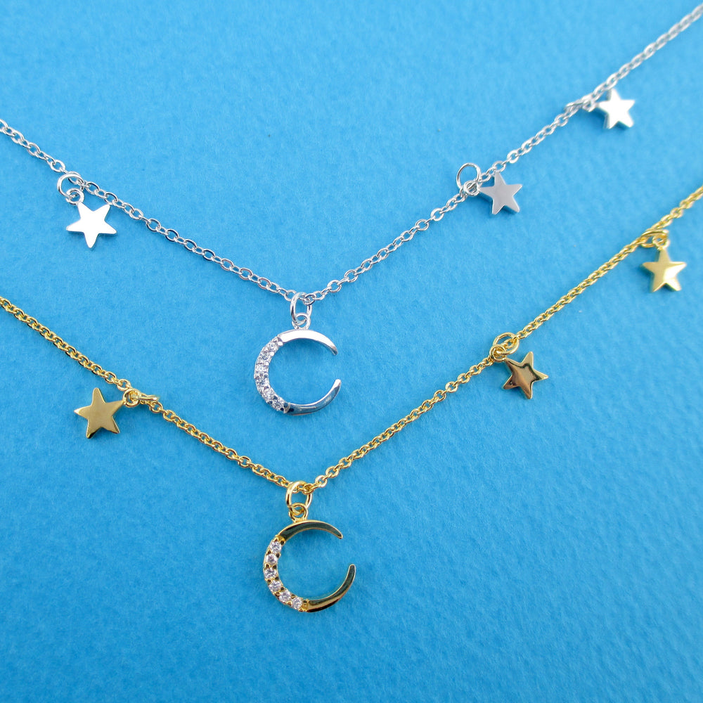 Minimal Rhinestone Crescent Moon & Tiny Dangling Stars Shaped Necklace