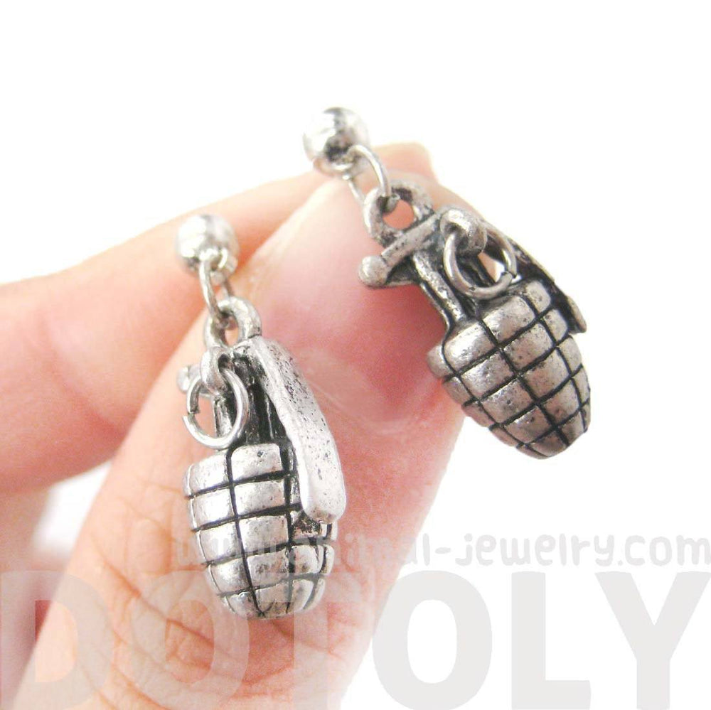 Realistic Hand Grenade Bomb Ammo Shaped Dangle Drop Stud Earrings in Silver | DOTOLY