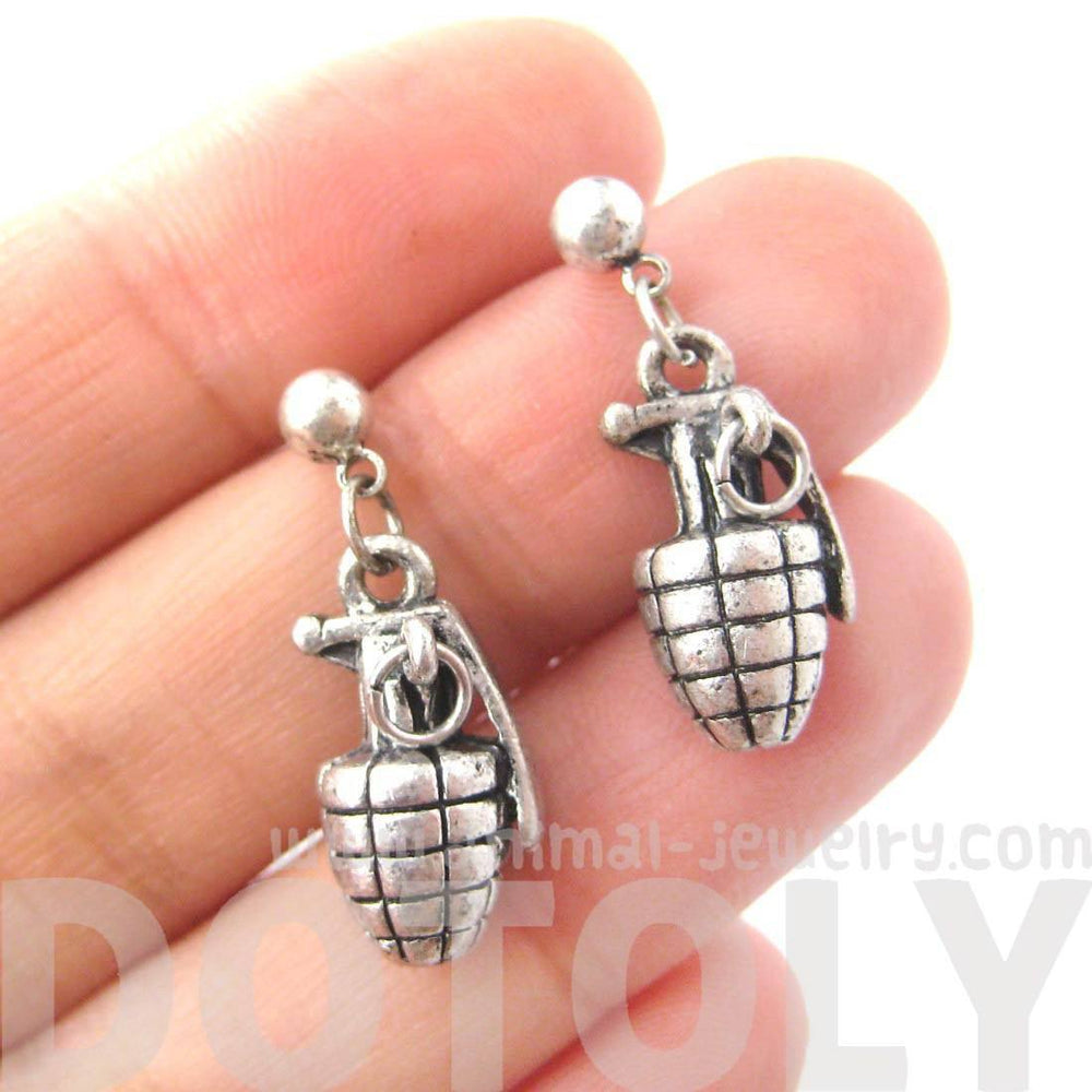 Realistic Hand Grenade Bomb Ammo Shaped Dangle Drop Stud Earrings in Silver | DOTOLY