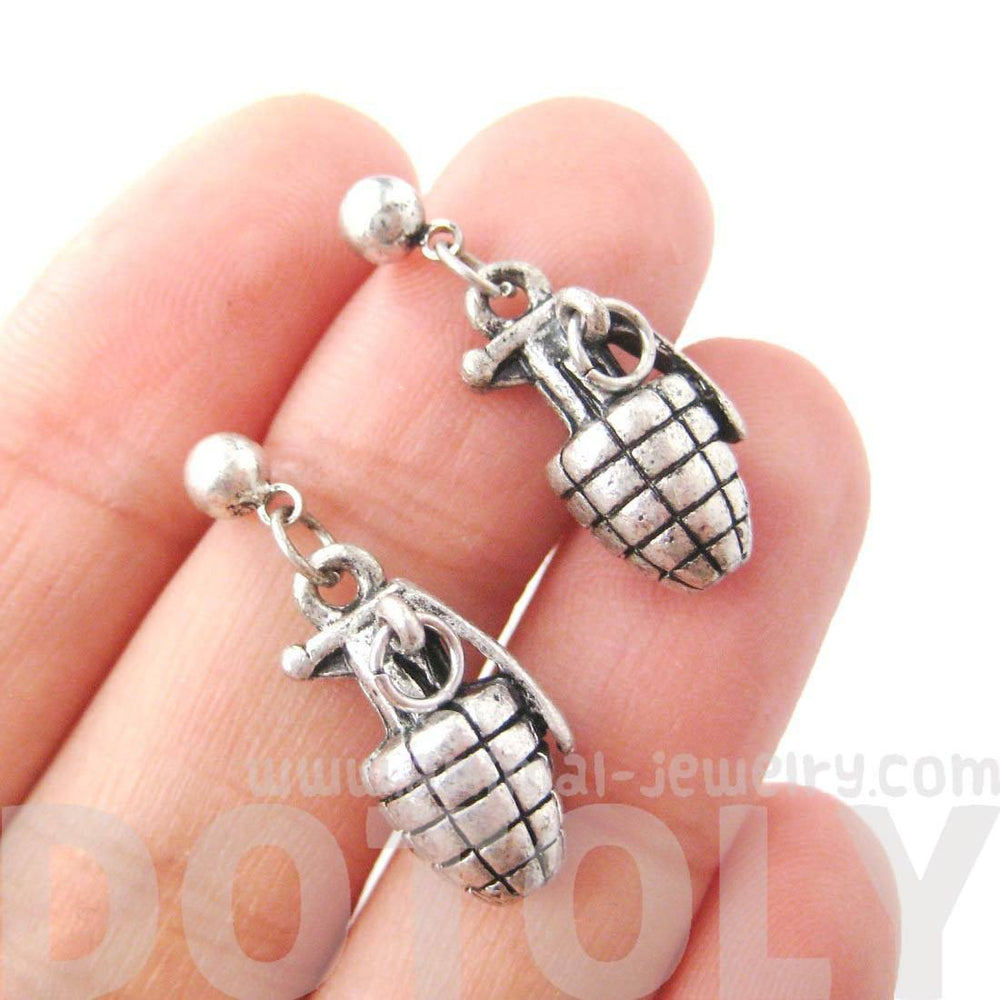 Realistic Hand Grenade Bomb Ammo Shaped Dangle Drop Stud Earrings in Silver | DOTOLY