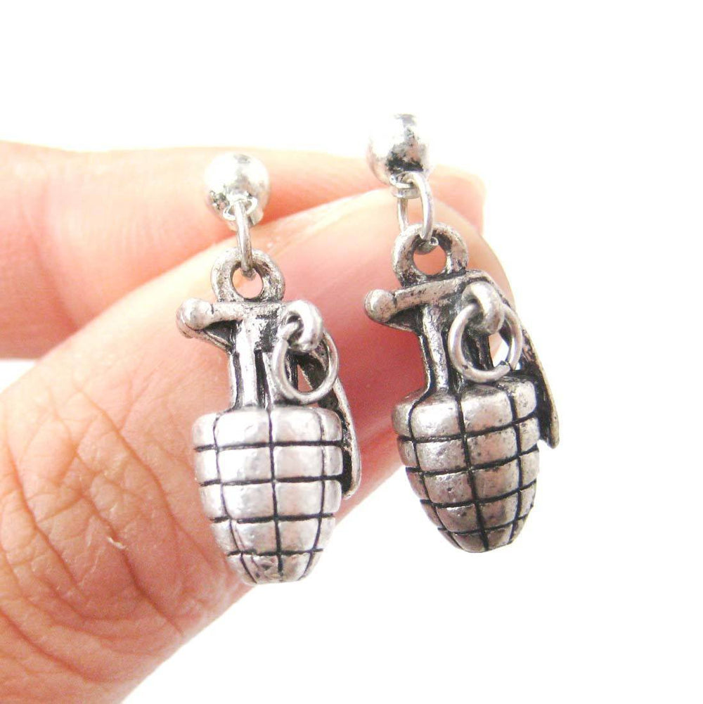 Realistic Hand Grenade Bomb Ammo Shaped Dangle Drop Stud Earrings in Silver | DOTOLY