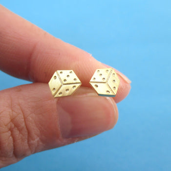 Rolling Dices Lucky Dice Shaped Allergy Free Stud Earrings in Gold