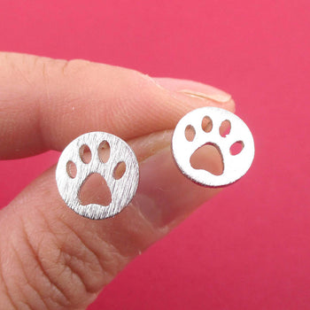 Round Paw Print Cut Out Shaped Stud Earrings in Silver | Animal jewelry