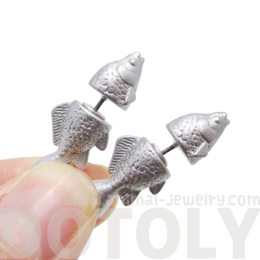 Small Salmon Trout Fish Shaped Front and Back Stud Earrings in Shiny Silver