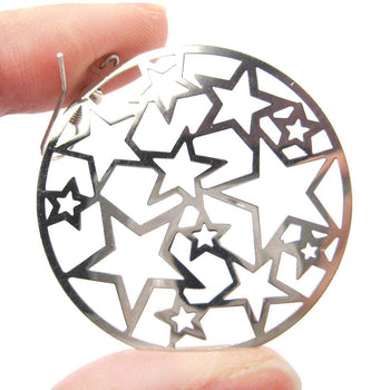 Star Outline Cut Out Round Disk Shaped Dangle Drop Earrings in Silver | DOTOLY | DOTOLY