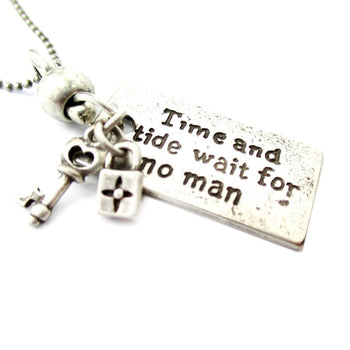 Time and Tide Wait For No Man Quote Shaped Pendant Necklace in Silver | DOTOLY