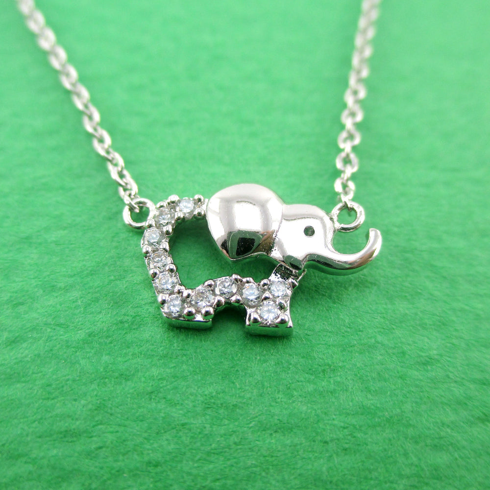 Baby Elephant Outline Shaped Rhinestone Pendant Necklace in Silver