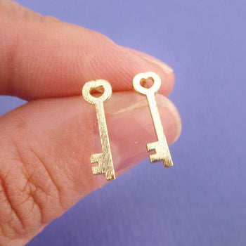 Tiny Skeleton Key Shaped Allergy Free Stud Earrings in Gold | DOTOLY