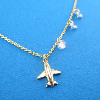 Travel Inspired Airplane Shaped Rhinestone Charm Necklace in Gold