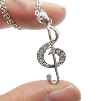 Treble Clef Shaped Rhinestone Pendant Necklace in Silver | Music Themed Jewelry | DOTOLY