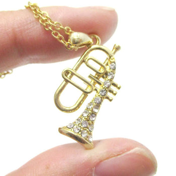 Trumpet Instrument Shaped Rhinestone Pendant Necklace in Gold | For Music Lovers | DOTOLY