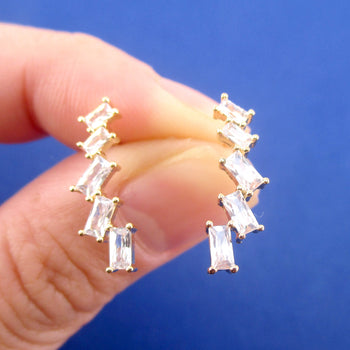 White Cascading Rhinestone Ear Climber Up The Ear Stud Earrings in Gold