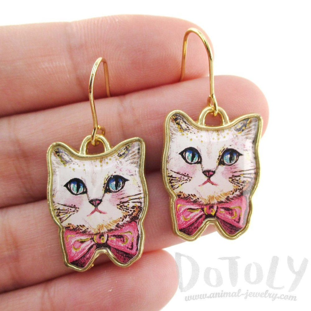 White Kitty Cat Wearing a Pink Bow Illustrated Dangle Earrings | DOTOLY | DOTOLY