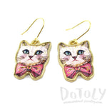 White Kitty Cat Wearing a Pink Bow Illustrated Dangle Earrings | DOTOLY | DOTOLY