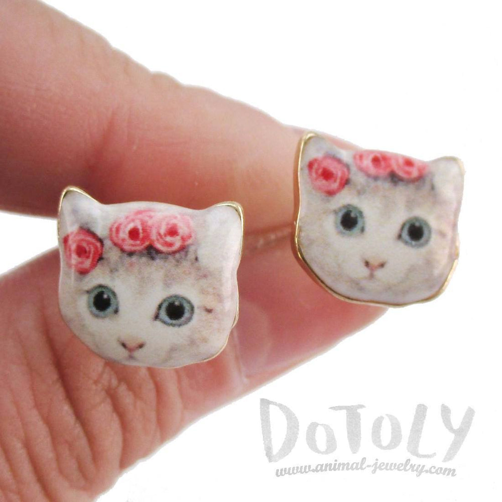 White Kitty Cat With a Floral Headdress Stud Earrings | Animal Jewelry